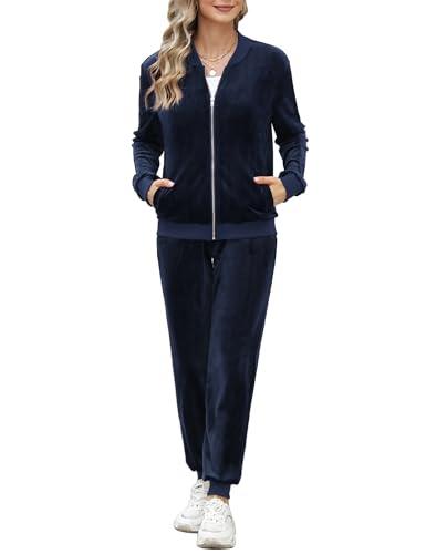 Irevial Tuta da Ginnastica Donna Casual Completo Sportiva Due Pezzi Giacca a Zip Tuta Pigiama Velluto Tempo Libero da Casa Blu Navy XL