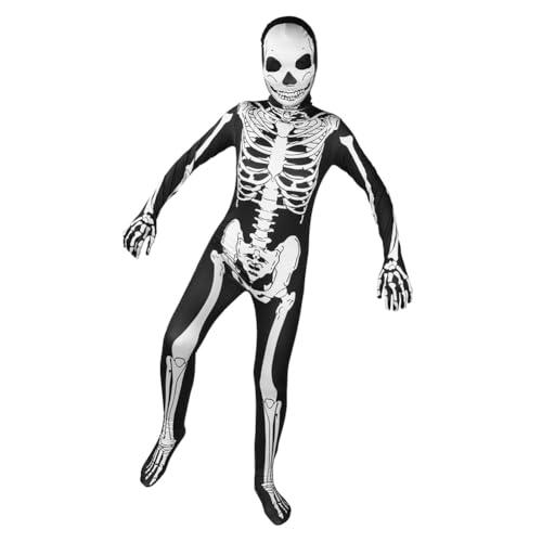 AOOWU Costume da Scheletro per Bambini, Tuta con Stampa Scheletro e Cappuccio, Costume Skelito per Halloween,Costume halloween Bambino Feste e Cosplay, per Ragazzo Ragazza