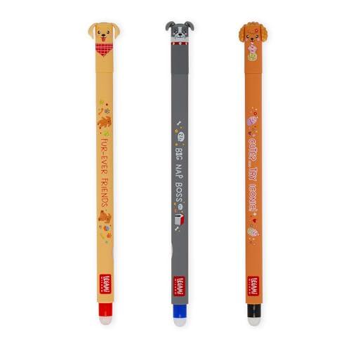 Legami - Set di 3 Penne Gel Cancellabili Fur-ever Friends, Penne con Inchiostro Cancellabile Termosensibile, Nero, Blu, Rosso, Cancella Senza Consumare il Foglio, Punta 0,7 mm