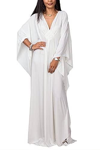 YouKD - Maxi abito lungo da donna, caffettano in stile bohémien, da spiaggia, copricostume da bagno, taglia unica, abbigliamento comodo, A bianco, Taglia unica