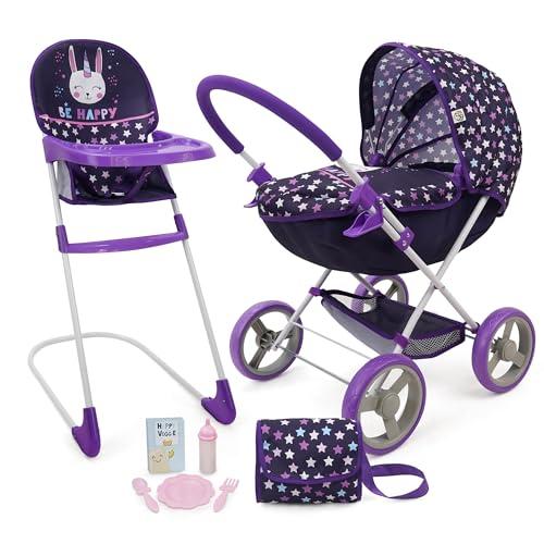 509 Crew Doll Pram n Feed 8 Piece Combo Play Set, Classic Doll Pram, Doll High Chair, Diaper Bag, 5 Piece Feeding Toys, for Dolls 46cm, Pretend Play for Kids Ages 3+
